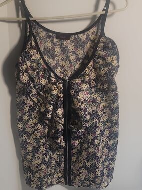 mark. Cream Floral Ruffle Zip-Front Cami with Black Trim